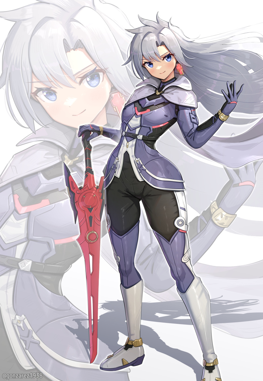 1girl a_(xenoblade) absurdres armor black_pants blue_eyes cape closed_mouth collared_cape earrings full_body gonzarez hair_between_eyes hair_flip hair_flowing_over hair_intakes highres jewelry long_hair looking_at_viewer messy_hair pants single_earring smile solo standing sword tight_clothes tight_pants weapon wide_hips xenoblade_chronicles_(series) xenoblade_chronicles_3 xenoblade_chronicles_3:_future_redeemed