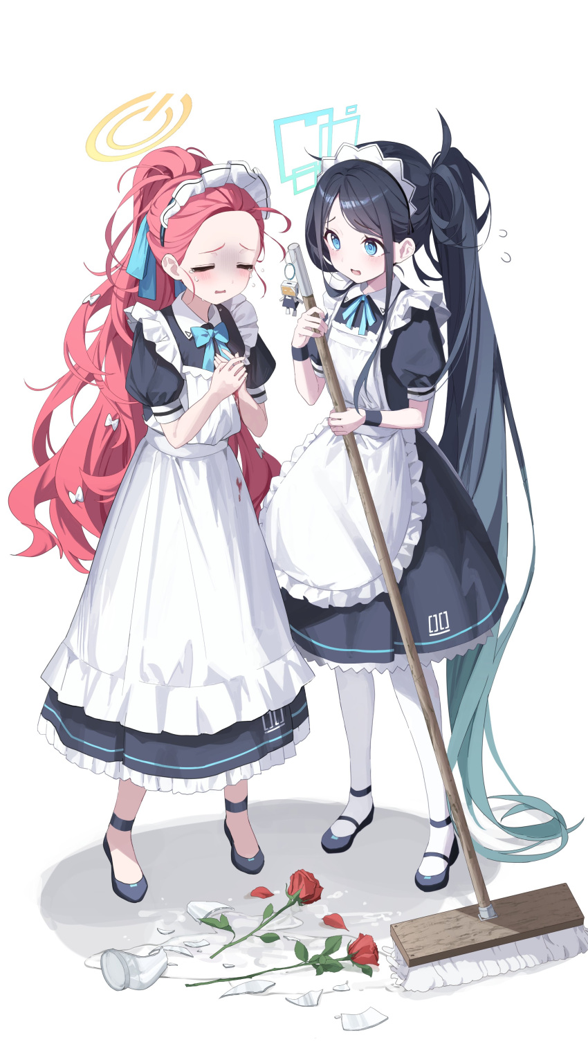 2girls absurdres apron aqua_bow aqua_bowtie aris_(blue_archive) aris_(maid)_(blue_archive) black_dress black_hair blue_archive blue_eyes bow bowtie closed_eyes crying dress forehead frilled_apron frills full_body hair_bow halo highres holding holding_mop long_dress long_hair maid maid_headdress mop multiple_girls nagul official_alternate_costume open_mouth pantyhose ponytail puffy_short_sleeves puffy_sleeves redhead short_sleeves sweatdrop teardrop very_long_hair white_apron white_background white_pantyhose wristband yuzu_(blue_archive) yuzu_(maid)_(blue_archive)