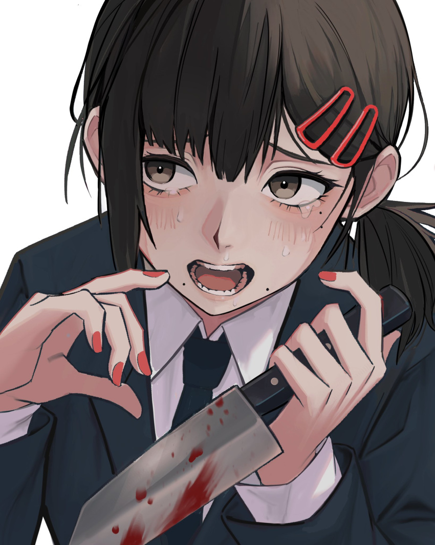 1girl black_eyes black_hair blood blood_on_knife blue_jacket blue_necktie blue_suit chainsaw_man close-up collared_shirt commentary crying crying_with_eyes_open dress_shirt fingernails formal hair_between_eyes hair_ornament hairclip higashiyama_kobeni highres holding holding_knife jacket kitchen_knife knife lips long_sleeves looking_away mole mole_under_eye mole_under_mouth necktie open_mouth red_nails scared shirt simple_background solo suit tears teeth white_background white_shirt yuyamifall