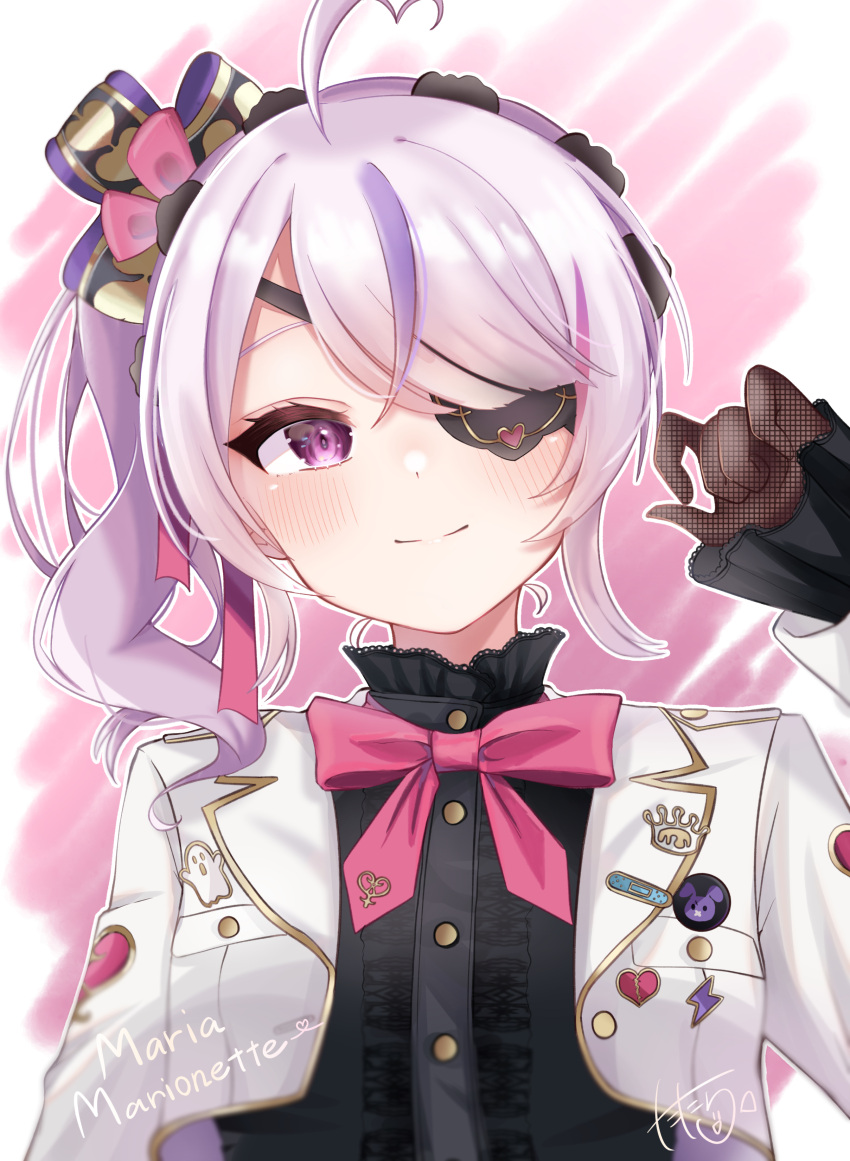 1girl absurdres ahoge blush center_frills character_name cropped_jacket eyepatch fishnet_gloves fishnets frilled_shirt_collar frilled_sleeves frills gloves hair_ribbon hand_up heart heart_ahoge highres long_sleeves maria_marionette multicolored_hair nijisanji purple_hair ribbon side_ponytail sleeves_past_wrists smile solo streaked_hair tatara_1121 two-tone_hair violet_eyes virtual_youtuber white_hair