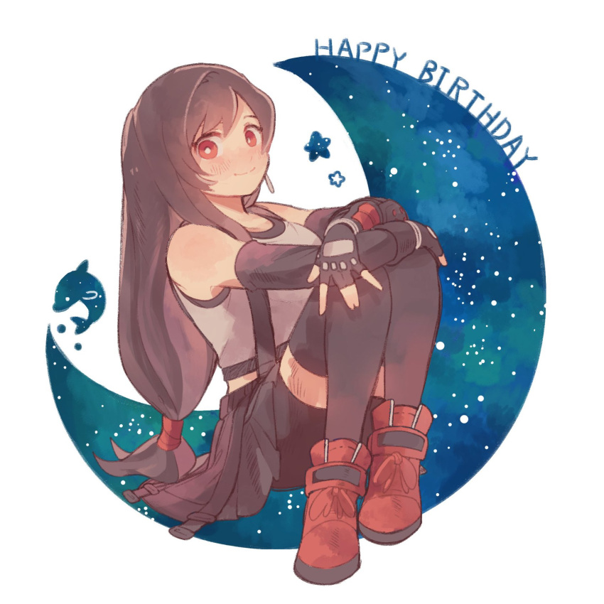 1girl arm_guards bare_shoulders bike_shorts_under_skirt birthday black_gloves black_hair black_skirt black_sports_bra black_thighhighs blush boots breasts brown_hair closed_mouth crescent_moon crop_top dolphin earrings elbow_gloves final_fantasy final_fantasy_vii final_fantasy_vii_remake fingerless_gloves full_body gloves happy_birthday highres jewelry knees_up long_hair looking_at_viewer low-tied_long_hair medium_breasts moon night night_sky red_eyes red_footwear single_earring sitting skirt sky smile solo sports_bra star_(sky) star_(symbol) starry_sky suspender_skirt suspenders swept_bangs tank_top tasituma2 teardrop_earring thigh-highs tifa_lockhart white_background white_tank_top