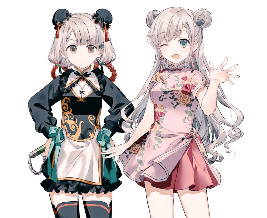 2girls :d brown_eyes bun_cover chain chinese_clothes cowboy_shot double_bun floral_print grey_hair hair_bun hands_on_own_hips highres hisakawa_hayate hisakawa_nagi idolmaster idolmaster_cinderella_girls long_hair long_sleeves looking_at_viewer migolu multiple_girls one_eye_closed siblings sisters smile thigh-highs twins zettai_ryouiki