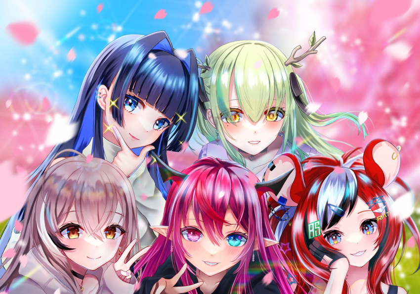 5girls ahoge animal_ears antlers berry black_choker black_hair black_tube_top blue_eyes blue_hair blunt_bangs blurry blurry_background brown_eyes brown_hair brown_hoodie ceres_fauna ceres_fauna_(3rd_costume) cherry_blossoms choker crop_top crossed_bangs earrings falling_petals fingerless_gloves flower food-themed_earrings gloves green_hair grin hair_flower hair_intakes hair_ornament hair_ribbon hairclip hakos_baelz hakos_baelz_(3rd_costume) heterochromia hime_cut holocouncil hololive hololive_english hood hoodie horns irys_(hololive) jewelry lens_flare lily_lily long_hair looking_at_viewer mole mole_under_eye mouse_ears mouse_girl multicolored_hair multiple_girls nail_art nanashi_mumei nanashi_mumei_(3rd_costume) necklace official_alternate_costume ouro_kronii ouro_kronii_(3rd_costume) petals pink_eyes pointy_ears purple_hair purple_shirt redhead ribbon sharp_teeth shirt sidelocks sleeves_past_wrists smile sparkle strapless streaked_hair teeth tube_top turtleneck v very_long_hair virtual_youtuber white_hair yellow_eyes