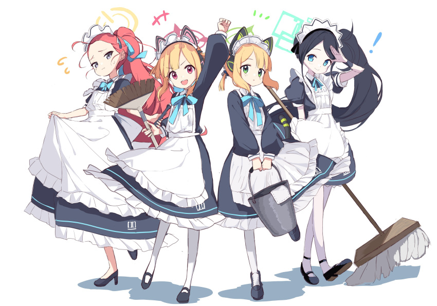 ! +++ 4girls :o absurdres ama_ke-ya_popai animal_ear_headphones animal_ears apron aris_(blue_archive) aris_(maid)_(blue_archive) arm_up black_dress black_footwear blue_archive blue_bow blue_bowtie blue_ribbon blunt_bangs bow bowtie broom bucket cat_ear_headphones cat_tail closed_mouth collared_dress commentary_request dress fake_animal_ears fake_tail flying_sweatdrops frilled_apron frilled_dress frills frown green_halo headphones highres holding holding_broom holding_bucket holding_mop long_hair long_sleeves looking_at_viewer maid maid_apron maid_headdress midori_(blue_archive) midori_(maid)_(blue_archive) momoi_(blue_archive) momoi_(maid)_(blue_archive) mop multiple_girls neck_ribbon notice_lines official_alternate_costume open_mouth pantyhose parted_lips pink_eyes pink_halo ponytail puffy_long_sleeves puffy_short_sleeves puffy_sleeves redhead ribbon short_hair short_sleeves side_ponytail skirt_hold sleeve_cuffs smile standing standing_on_one_leg tail teeth twintails upper_teeth_only very_long_hair white_apron white_background white_pantyhose wrist_cuffs yellow_halo yuzu_(blue_archive) yuzu_(maid)_(blue_archive)