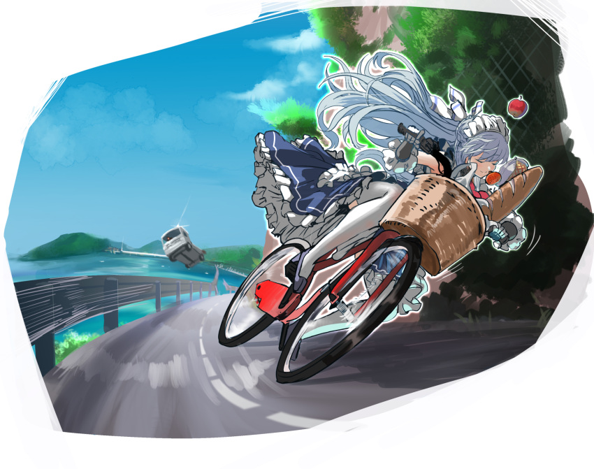 1girl apple azur_lane baguette basket belfast_(azur_lane) bicycle blue_dress bread closed_eyes closed_mouth clouds day dress food frilled_dress frilled_gloves frills fruit gloves grey_hair ground_vehicle hey_taisyou highres long_hair maid maid_headdress motor_vehicle outdoors railing riding road shoes sky thigh-highs truck very_long_hair water white_thighhighs