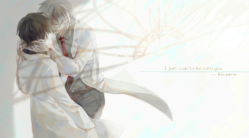 2boys ayin_(project_moon) belt benjamin_(project_moon) black_belt black_hair black_pants chinese_commentary closed_eyes collared_shirt commentary_request english_text glasses grey_hair grey_shirt hands_on_another's_neck haokoooo highres lab_coat lobotomy_corporation long_sleeves male_focus multiple_boys necktie open_mouth pants project_moon rectangular_eyewear red_necktie shirt short_hair smile