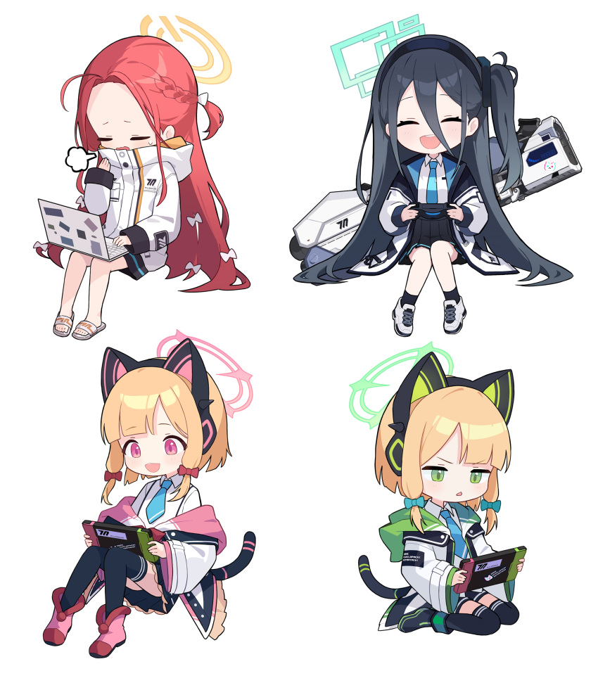 4girls :d ^_^ absurdres aris_(blue_archive) blonde_hair blue_archive chibi closed_eyes controller fuwawa_(fuwawa617) game_controller green_eyes halo handheld_game_console highres holding holding_controller holding_game_controller holding_handheld_game_console long_hair midori_(blue_archive) momoi_(blue_archive) multiple_girls open_mouth pink_eyes redhead short_hair simple_background sitting smile white_background yuzu_(blue_archive)