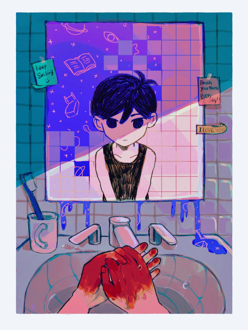1boy bathroom black_hair blood blood_on_hands closed_mouth coffee_mug colored_skin cup expressionless faucet highres indoors looking_at_mirror milkymilkyshark mirror mug omori omori_(omori) sink solo spoilers toothbrush white_skin