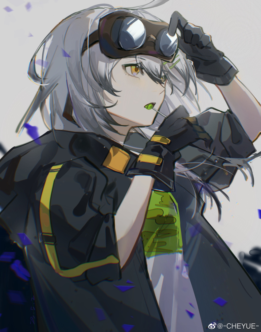 1girl absurdres black_gloves black_jacket candy cheyue croque_(girls'_frontline_nc) food girls'_frontline_neural_cloud girls_frontline gloves goggles goggles_on_head grey_background grey_hair hair_between_eyes highres holding holding_candy holding_food holding_lollipop jacket lollipop open_mouth shirt solo upper_body weibo_username yellow_eyes