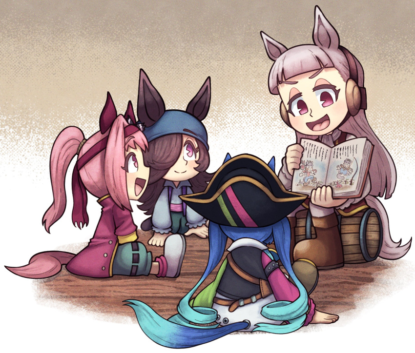 4girls alternate_costume animal_ears aqua_hair bandana barrel beta_2 blue_hair blunt_bangs brown_hair coat commentary_request ear_covers earmuffs gold_ship_(umamusume) gradient_hair grey_hair hair_over_one_eye haru_urara_(umamusume) hat highres horse_ears horse_girl horse_tail long_hair multicolored_hair multiple_girls on_floor open_mouth pink_hair pirate_costume pirate_hat ponytail reading_together red_coat rice_shower_(umamusume) shirt sitting sitting_on_object smile tail twin_turbo_(umamusume) twintails umamusume violet_eyes