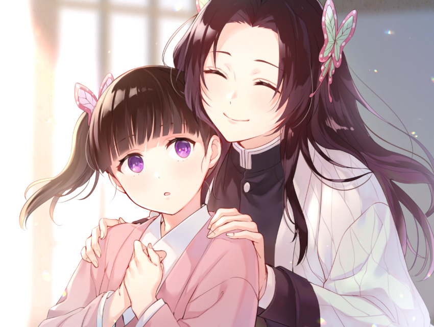 2girls ^_^ black_hair blush butterfly_hair_ornament closed_eyes e_(eokiba) forehead hair_ornament hands_on_another's_shoulders kimetsu_no_yaiba kochou_kanae long_hair multiple_girls open_mouth own_hands_together side_ponytail smile tsuyuri_kanao violet_eyes