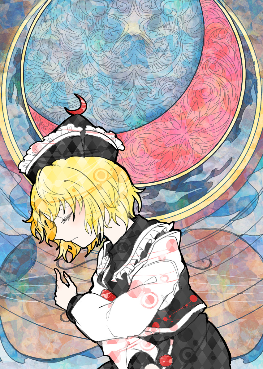 1girl black_headwear black_skirt black_vest blonde_hair closed_eyes closed_mouth clouds crescent frilled_hat frills from_side hat highres instrument itomugi-kun long_sleeves lunasa_prismriver moon night night_sky outdoors shirt short_hair skirt sky solo stained_glass star_(symbol) touhou upper_body vest violin white_shirt