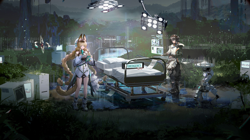 1boy 1girl absurdres animal_ear_fluff animal_ears aphrissa_(arknights) aqua_eyes aqua_gloves arknights arm_out_of_sleeve baggy_pants bandana bandana_around_neck bare_shoulders bed beret black_gloves black_hair black_pants blue_eyes boots braid braided_twintails breasts brown_hair cat_ears cat_girl cat_tail coat crt dog_boy drone droopy_ears fingerless_gloves frilled_coat frills full_body fur-trimmed_coat fur_trim glitch gloves goggles goggles_on_head grass green_coat hands_up hat highres holding holding_pen holographic_interface hospital_bed long_hair low_twin_braids medium_breasts nature night notepad off_shoulder official_art open_clothes open_coat outdoors pants pedro_(arknights) pen puddle quilted_coat short_hair standing surgical_light tail tailcoat thigh_strap third-party_source twin_braids white_boots white_hat zipper