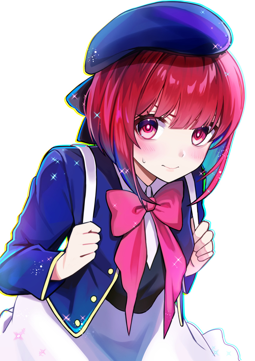 1girl absurdres arima_kana backpack bag beret black_bow black_vest blue_headwear blue_jacket blush bow buttons chromatic_aberration closed_mouth collared_shirt commentary_request cropped_jacket hat hat_bow highres jacket long_sleeves open_clothes open_jacket oshi_no_ko pink_bow pink_ribbon red_eyes redhead ribbon school_uniform shirt short_hair simple_background skirt solo sparkle sweatdrop utugi_000 vest white_background white_skirt youtou_high_school_uniform