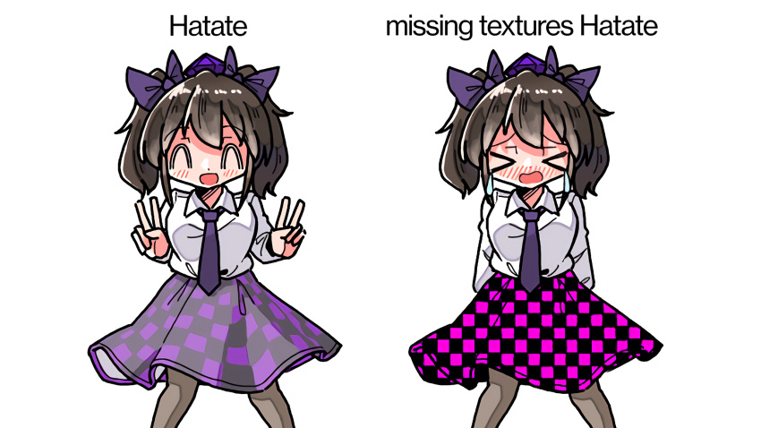 2girls black_hair blush bow checkered_clothes checkered_skirt closed_eyes dot_nose english_text hat highres himekaidou_hatate kasuya_baian long_hair looking_at_viewer multiple_girls necktie open_mouth pantyhose purple_bow purple_necktie shirt simple_background skirt smile tears tokin_hat touhou twintails white_background