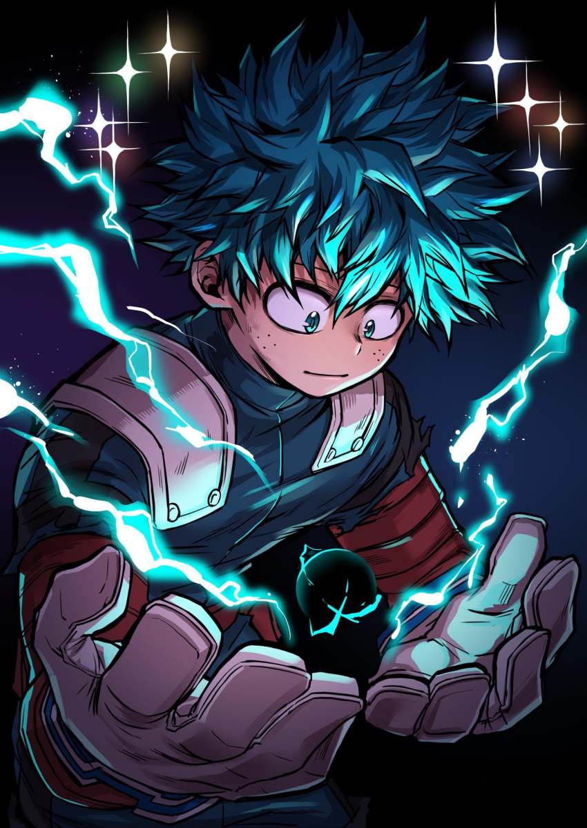 1boy alternate_eye_color alternate_hair_color belt belt_pouch blue_background blue_bodysuit blue_eyes blue_hair bodysuit boku_no_hero_academia chiyaya closed_mouth diffraction_spikes electricity eyebrows_hidden_by_hair floating floating_object foreshortening freckles gloves glowing gradient_background grey_gloves hair_between_eyes hands_up happy highres leaning_forward light looking_down male_focus messy_hair midoriya_izuku open_hands orb outstretched_arms outstretched_hand pac-man_eyes pouch purple_background red_belt short_hair smile solo sparkle spoilers torn_clothes torn_sleeves upper_body