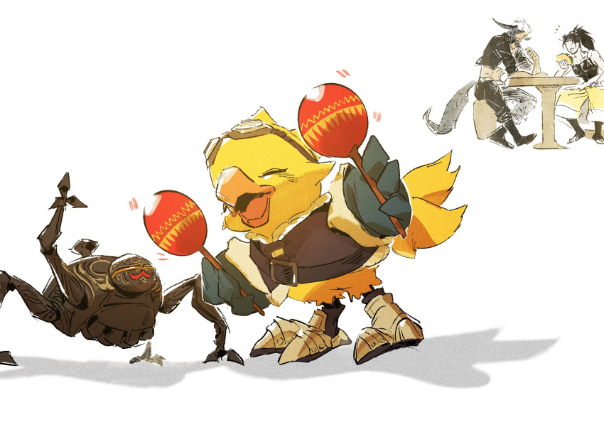 2boys :d alpha_(ff14) au_ra beard black_hair black_horns black_jacket black_pants black_scales black_shoes black_tail chocobo commentary dancing dragon_boy dragon_horns dragon_tail facial_hair fake_facial_hair fake_mustache final_fantasy final_fantasy_xiv food goggles goggles_on_head hien_rijin highres holding holding_food holding_instrument holding_maracas horns hyur instrument jacket long_hair maracas multiple_boys no_eyes omega_(final_fantasy) original pants pointing pointing_at_another ponytail robot scales shadow shiyikuaiqingtai_(weibo7279846390) shoes short_hair smile table tail untranslatable_commentary warrior_of_light_(ff14) white_hair