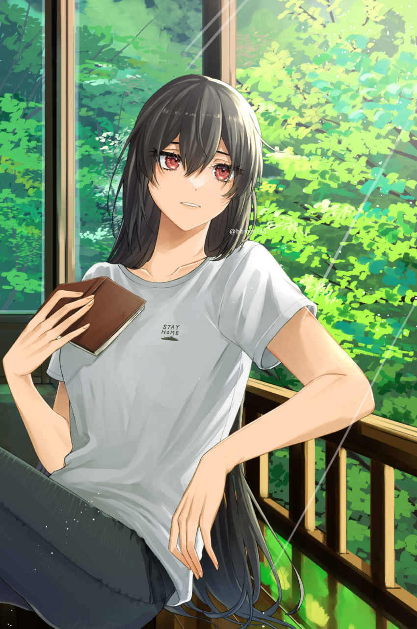 1girl alternate_costume artist_name black_hair collarbone english_text foliage grey_pants hair_between_eyes highres kantai_collection leaning_to_the_side long_hair looking_to_the_side machi_(ritovoyage) nagato_(kancolle) pants parted_lips red_eyes shirt sidelocks solo stay_at_home sunlight t-shirt veranda white_shirt