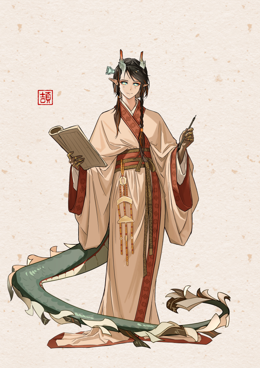 1girl absurdres alternate_costume alternate_hairstyle aqua_eyes arknights black_hair brown_gloves calligraphy_brush chinese_clothes chinese_commentary closed_mouth commentary_request dragon_girl dragon_horns dragon_tail eastern_dragon_horns eastern_dragon_tail flower full_body gloves green_eyes hair_flower hair_ornament hanfu highres holding holding_paper holding_pen horns jie_(arknights) long_sleeves looking_at_viewer paintbrush paper pen pointy_ears robe sash scales shawl smile solo standing tachi-e tail wide_sleeves wujiu_shanxi yaopei yellow_pupils zhijupao