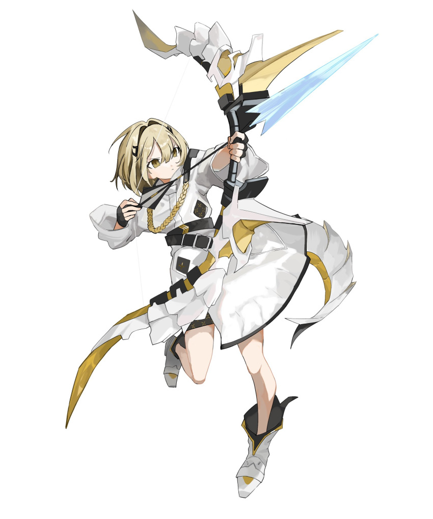 1girl aiguillette alchemy_stars arrow_(projectile) belt black_gloves boots bow_(weapon) brown_eyes brown_hair closed_mouth coat drawing_bow fingerless_gloves frown full_body gloves hair_intakes highres holding holding_arrow holding_bow_(weapon) holding_weapon light_brown_hair long_sleeves short_hair simple_background solo tail v-shaped_eyebrows vice_(alchemy_stars) weapon white_background white_coat white_footwear zarameru_jisosaku
