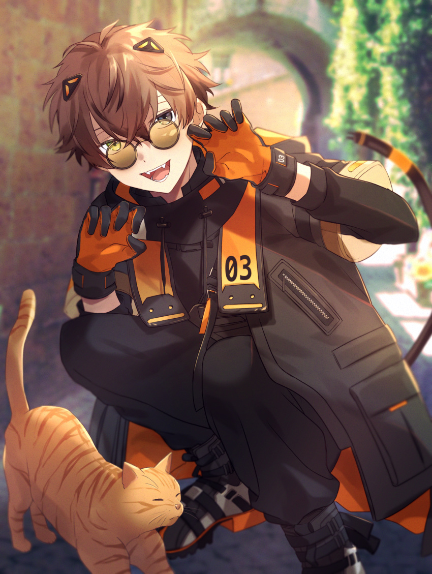 1boy alban_knox black_coat black_gloves black_pants brown_hair coat fangs gloves grey_eyes heterochromia highres looking_at_viewer multicolored_clothes multicolored_gloves nijisanji nijisanji_en open_mouth orange_gloves outdoors pants round_eyewear smile solo squatting sunglasses teeth virtual_youtuber wosinnk yellow_eyes