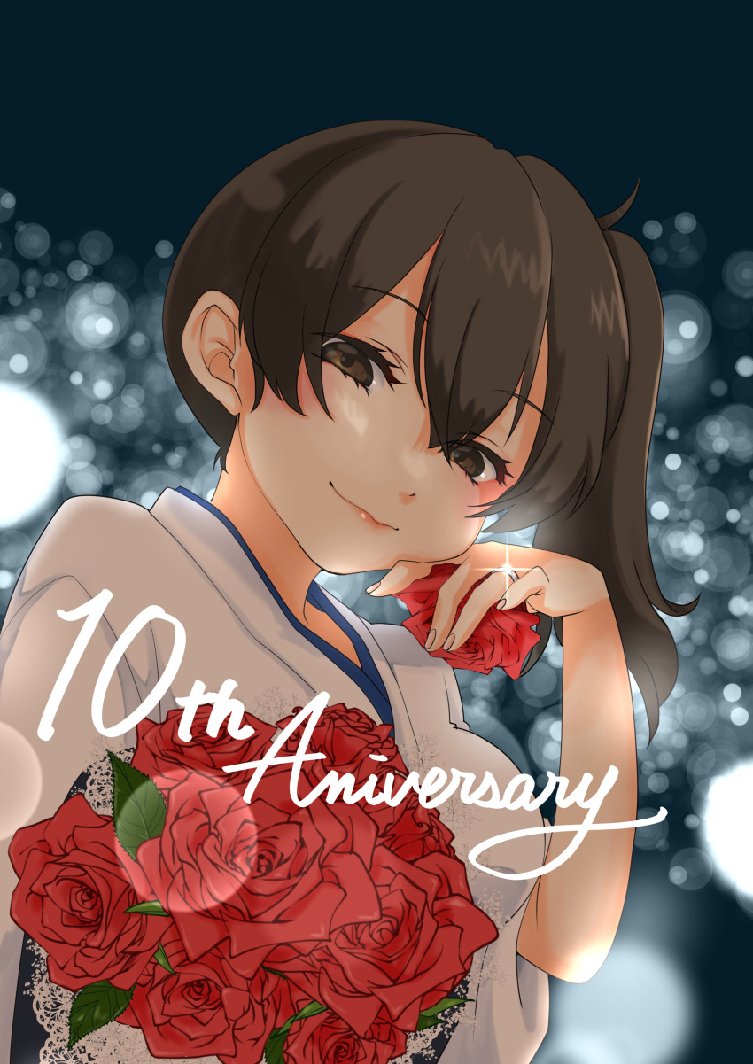 1girl absurdres anniversary black_eyes brown_eyes commentary_request flower highres japanese_clothes jewelry kaga_(kancolle) kantai_collection lens_flare long_hair mocchi_(mocchichani) red_flower red_rose ring rose side_ponytail smile solo upper_body wedding_ring