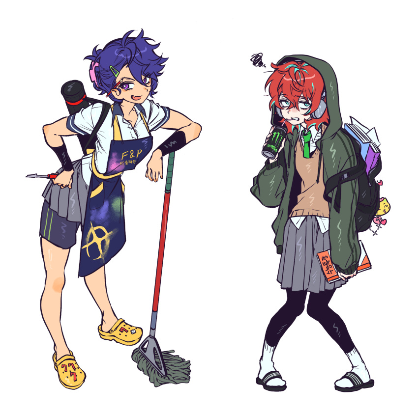 2girls absurdres aged_down ahoge ankle_socks apron aqua_eyes aqua_streaks arched_back arisugawa_dice asymmetrical_bangs backpack bag bags_under_eyes black_apron black_bag black_leggings black_sandals black_shorts blue_hair book bright_pupils brown_sweater button_gap can charm_(object) claw_hair_clip collarbone collared_shirt commentary contrast_collar crocs crossed_bangs drink_can drinking_straw drinking_straw_in_mouth elbow_blush elbow_rest fang fingernails full_body fully_genderswapped_group furrowed_brow genderswap genderswap_(mtf) green_jacket green_necktie green_trim grey_skirt hair_between_eyes hair_bun hair_ornament hairclip hand_up headphones highres holding holding_bag holding_book holding_can holding_screwdriver hood hood_up hooded_jacket hypnosis_mic jacket jitome kannonzaka_doppo knees_together_feet_apart korean_commentary layered_shirt leaning_forward leggings looking_at_viewer medium_hair medium_skirt messy_hair miniskirt monster_energy mop multicolored_hair multiple_girls myamkk72 necktie open_bag open_clothes open_jacket open_mouth pale_skin partially_unbuttoned peanut_mouth pencil_behind_ear pleated_skirt print_apron red_hair sandals school_uniform screwdriver shirt shoes shorts shorts_under_skirt sideways_glance simple_background skin_fang skirt sleeve_cuffs slides slouching socks squiggle standing streaked_hair sweatband sweater violet_eyes white_background white_pupils white_shirt white_socks wristband yellow_shoes yellow_trim