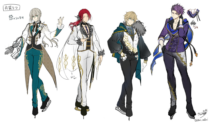 4boys aqua_cape aqua_eyes aqua_pants asymmetrical_sleeves bedivere_(fate) black_choker black_footwear black_gloves black_pants black_ribbon black_shirt black_vest blonde_hair blue_eyes blue_pants blue_scarf boutonniere cape center_frills chain choker closed_eyes coat crossed_legs fate/grand_order fate_(series) feather-trimmed_cape feather_hair_ornament feather_trim feathers figure_skating floral_print flower frilled_sleeves frills full_body fur-trimmed_sleeves fur_trim gawain_(fate) gloves grey_hair hair_between_eyes hair_ornament hair_tubes half_gloves hand_on_own_hip hand_on_own_neck hand_up highres ice_skates jacket knights_of_the_round_table_(fate) lancelot_(fate/grand_order) lily_(flower) long_hair long_sleeves looking_at_viewer low_ponytail low_twintails male_focus matori_(penguin_batake) multiple_boys neck_ribbon pants parted_bangs plunging_neckline prosthesis prosthetic_arm puffy_long_sleeves puffy_sleeves purple_hair purple_jacket redhead reference_sheet ribbon scarf see-through see-through_cape shirt short_hair signature simple_background skates sleeves_rolled_up smile standing swept_bangs tailcoat tristan_(fate) twintails two-tone_vest vest violet_eyes watson_cross white_background white_cape white_coat white_gloves white_jacket white_pants white_shirt white_vest