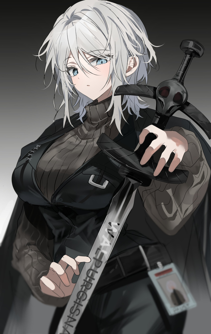 1girl absurdres belt black_belt black_coat black_pants black_vest blue_eyes breasts chu_yeon coat coat_on_shoulders cowboy_shot faust_(limbus_company) gradient_background grey_sweater highres holding holding_sword holding_weapon id_card large_breasts limbus_company long_sleeves looking_at_viewer medium_hair pants parted_lips project_moon solo sweater sword turtleneck turtleneck_sweater vest weapon white_hair zweihander