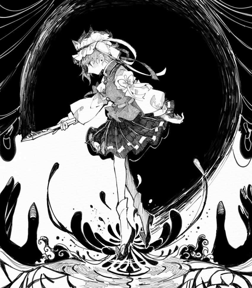 1girl bow breasts brush_stroke closed_mouth commentary_request expressionless footwear_bow frilled_hat frills full_body greyscale hat highres holding itomugi-kun long_sleeves monochrome profile ribbon-trimmed_skirt ribbon_trim rod_of_remorse shiki_eiki shirt shoes short_hair skirt sleeve_bow small_breasts socks solo splashing touhou vest