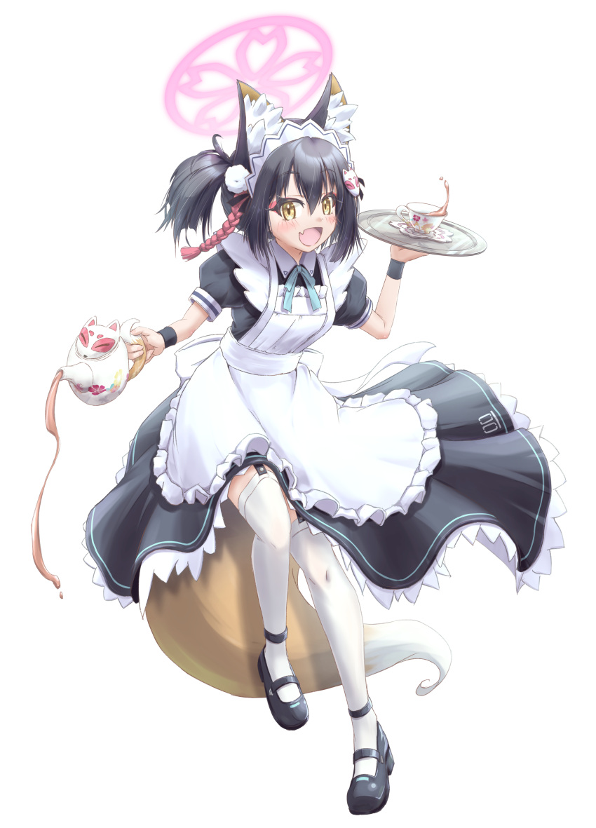 1girl :d absurdres alternate_costume animal_ear_fluff animal_ears apron black_hair blue_archive blue_bow blue_bowtie bow bowtie commentary_request cup dual_wielding enmaided eyeshadow fang fox_ears fox_girl fox_hair_ornament fox_tail frilled_apron frills full_body garter_straps hair_between_eyes hair_ornament halo highres holding holding_teapot holding_tray izuna_(blue_archive) looking_at_viewer maid maid_apron maid_headdress makeup mary_janes medium_hair one_side_up pom_pom_(clothes) pom_pom_hair_ornament red_eyeshadow rope shimenawa shoes short_sleeves sidelocks simple_background skin_fang smile solo standing standing_on_one_leg tail tea teacup teapot thigh-highs tomonx tray white_apron white_background white_thighhighs yellow_eyes