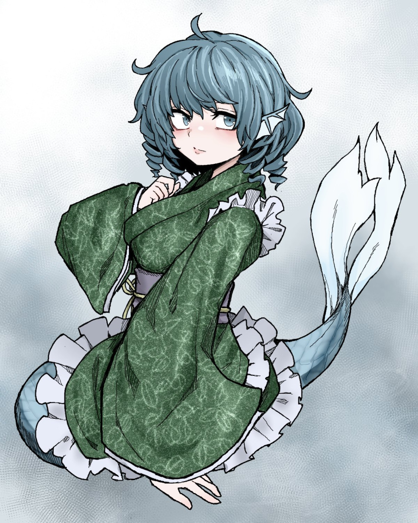 1girl blue_eyes blue_hair closed_mouth commentary drill_locks fe_(tetsu) fins full_body green_kimono head_fins highres japanese_clothes kimono long_sleeves looking_at_viewer mermaid messy_hair monster_girl sash short_hair solo touhou wakasagihime wide_sleeves