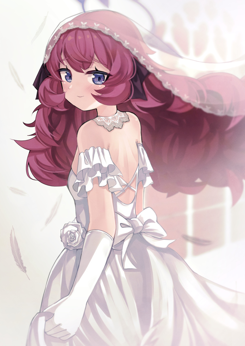 1girl absurdres alternate_costume backless_dress backless_outfit black_bow blue_archive blue_eyes bow breasts bridal_veil bride closed_mouth dress elbow_gloves falling_feathers flower from_behind gloves hair_bow halo highres hukhuk2 iroha_(blue_archive) looking_at_viewer redhead rose shoulder_blades small_breasts smile solo standing veil wedding_dress white_dress white_flower white_gloves white_rose white_veil