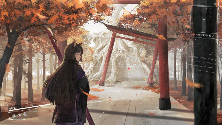 1girl absurdres animal_ears arknights autumn_leaves black_hair brown_eyes building closed_mouth commentary_request day dog_ears falling_leaves from_behind gameplay_mechanics health_bar highres japanese_clothes kimono leaf long_hair looking_away looking_to_the_side minimap nueegochi outdoors purple_kimono saga_(arknights) solo torii tree very_long_hair weapon_bag