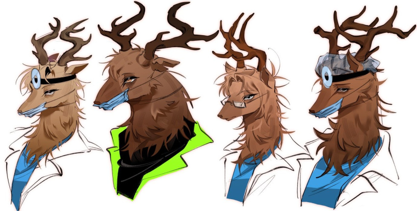 4boys animal_hospital_(roblox) antlers body_fur brown_fur brown_hair commentary deer_boy doctor doctor_(animal_hospital) dr._harlow furry furry_male glasses head_mirror horns male_focus mask mouth_mask multiple_boys paramedic_(animal_hospital) pasta_nom portrait roblox simple_background surgeon_(animal_hospital) surgical_mask untranslatable_commentary white_background