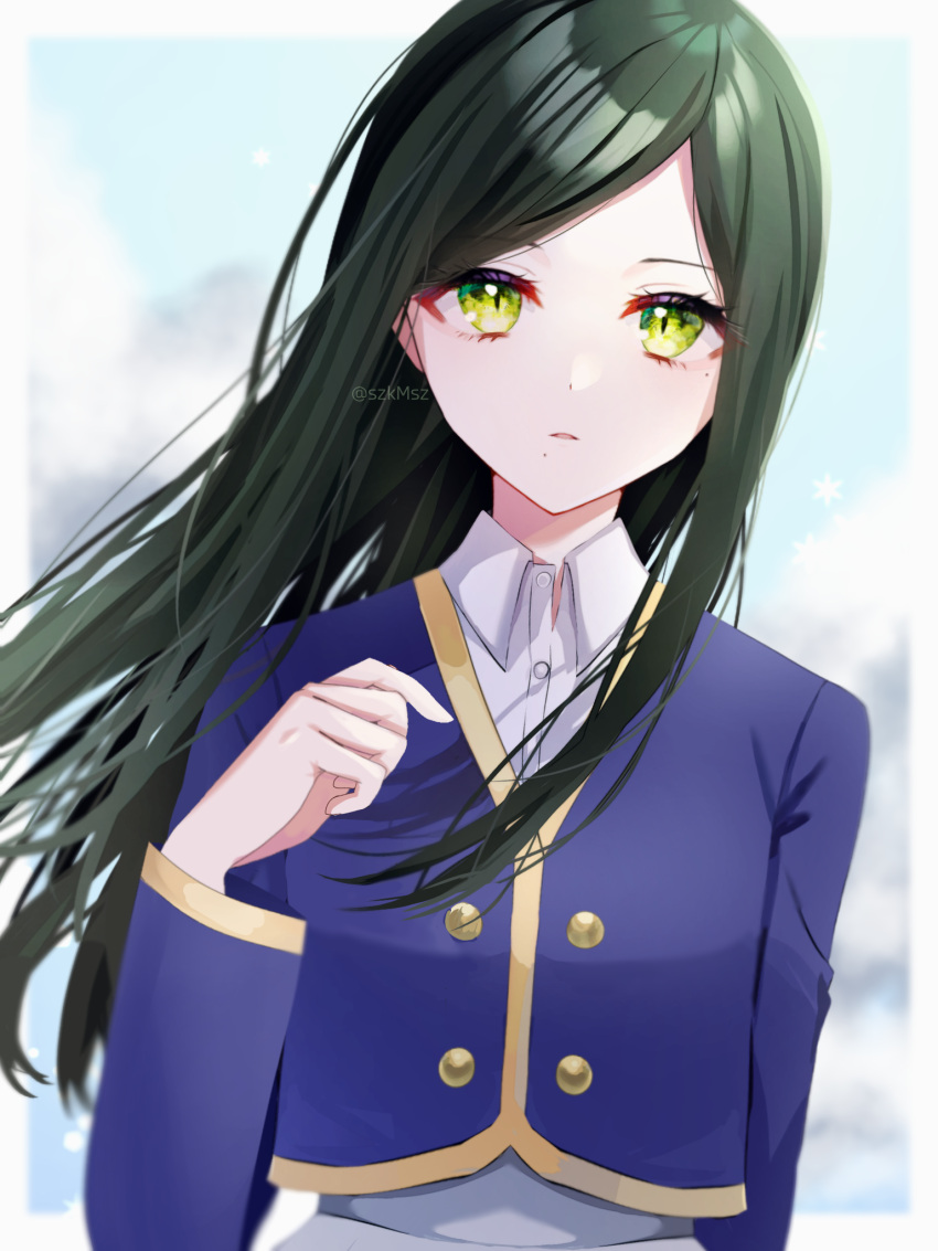 1girl blue_jacket buttons collared_shirt commentary_request cropped_jacket frill_shiranui green_eyes green_hair highres jacket long_hair long_sleeves mole mole_under_mouth oshi_no_ko parted_lips partial_commentary school_uniform shirt solo szmymsz twitter_username white_shirt youtou_high_school_uniform