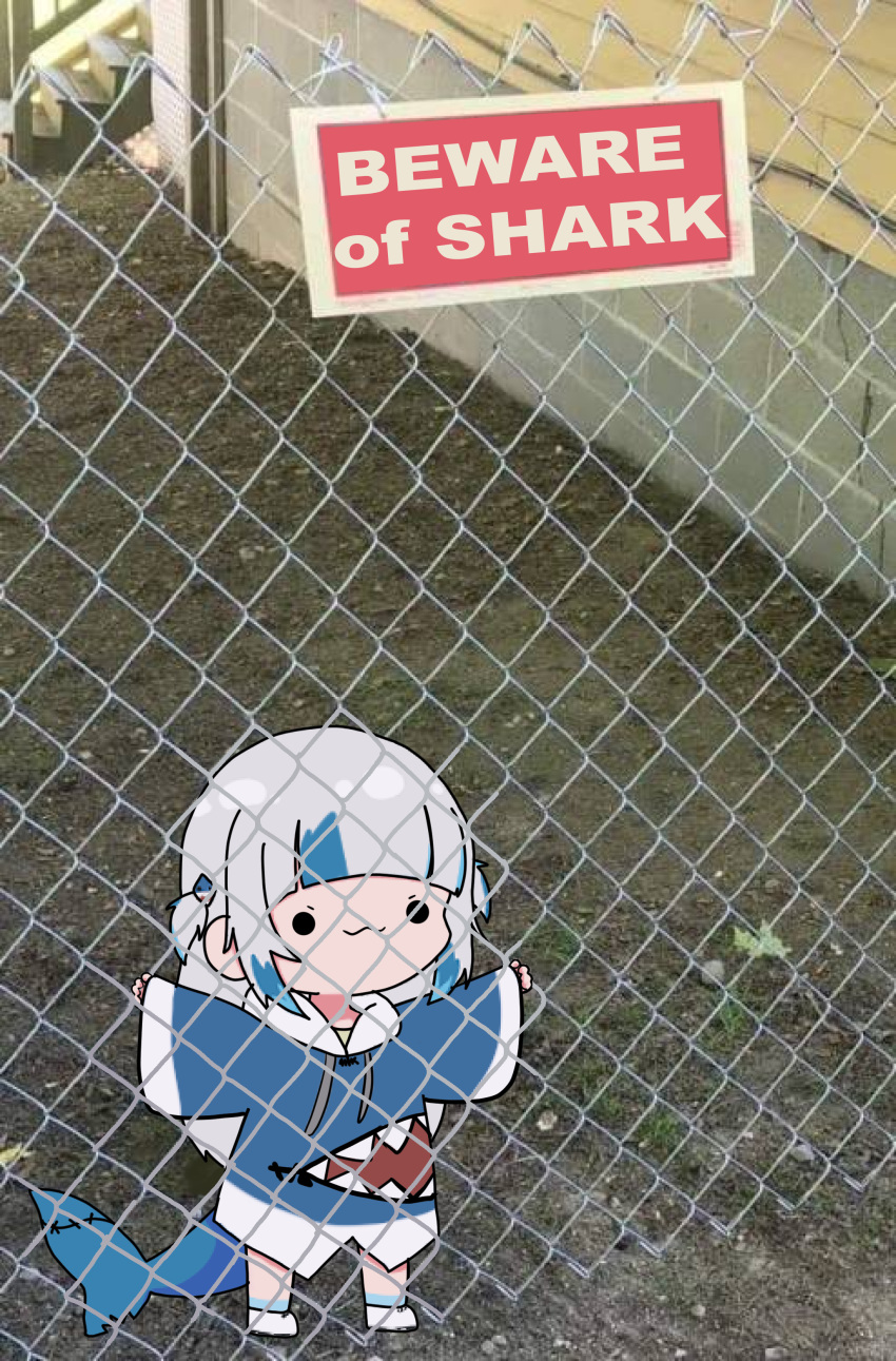._. :3 absurdres animal_costume animal_hood blue_hair blue_hoodie blunt_bangs chain-link_fence chibi drawstring fence fins fish_tail gawr_gura hair_ornament hands_up highres hololive hololive_english hood hood_down hoodie multicolored_hair photo_background shark_costume shark_girl shark_hair_ornament shark_hood shark_tail shoes sign sleeves_past_wrists solid_circle_eyes solo standing streaked_hair tail torororose virtual_youtuber white_footwear white_hair wide_sleeves