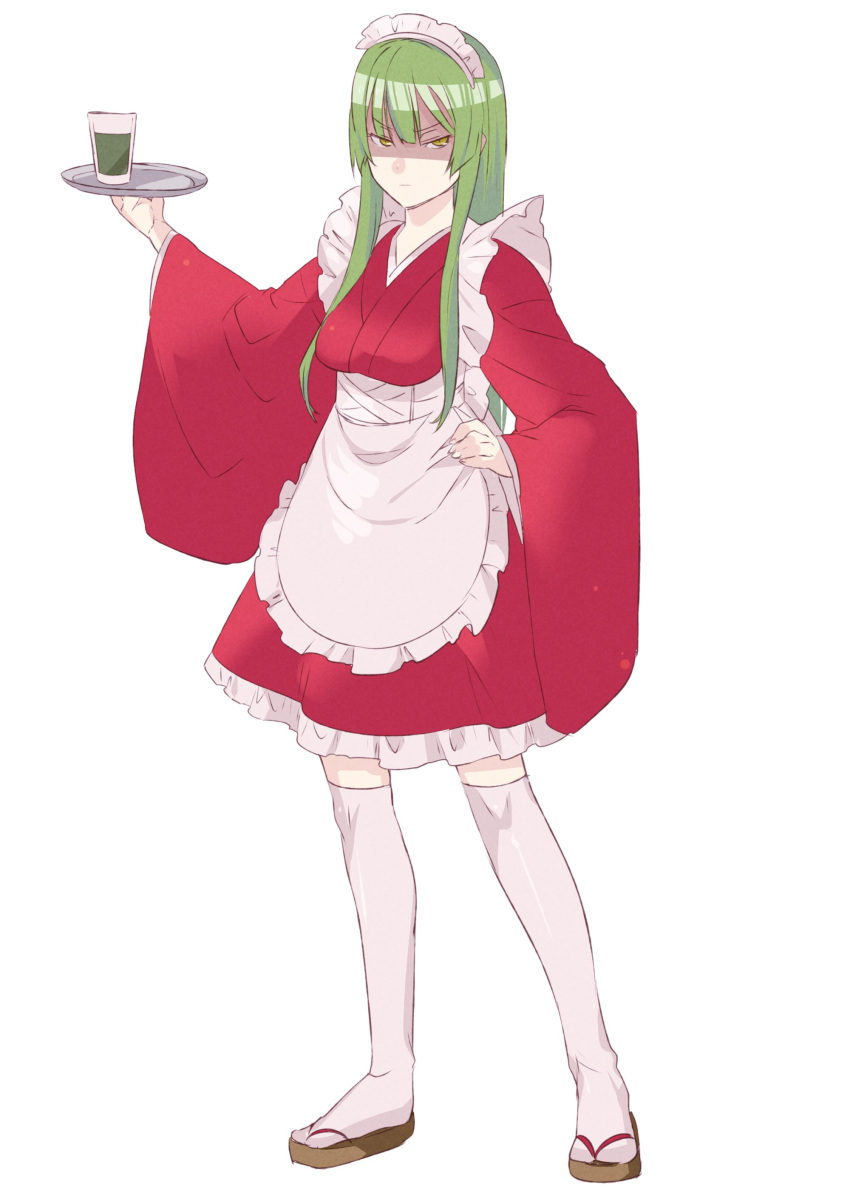 1girl absurdres angry apron blunt_bangs dress drink frills full_body glass green_eyes green_hair hand_on_own_hip highres hizamaru_(tenka_hyakken) holding holding_tray japanese_clothes long_hair long_sleeves looking_at_viewer maid_apron maid_headdress onasu_(sawagani) red_dress shaded_face sidelocks solo standing tenka_hyakken thigh-highs tray v-shaped_eyebrows wa_maid white_background white_thighhighs wide_sleeves zouri