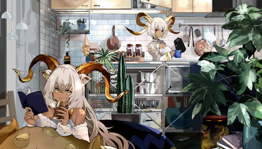 2girls absurdres animal_ears arknights bare_shoulders beeswax_(arknights) beeswax_(weisser_sand)_(arknights) book book_stack bowl cactus carnelian_(arknights) ceiling_light chair commentary cup cupboard curled_horns enne_kl goat_ears goat_horns grey_shirt highres holding holding_book holding_cup horns indoors jacket jar long_hair mug multiple_girls official_alternate_costume open_book plant potted_plant red_eyes shirt short_hair siblings sisters stuffed_toy sweater symbol-only_commentary very_long_hair white_hair white_jacket white_shirt white_sweater yellow_eyes
