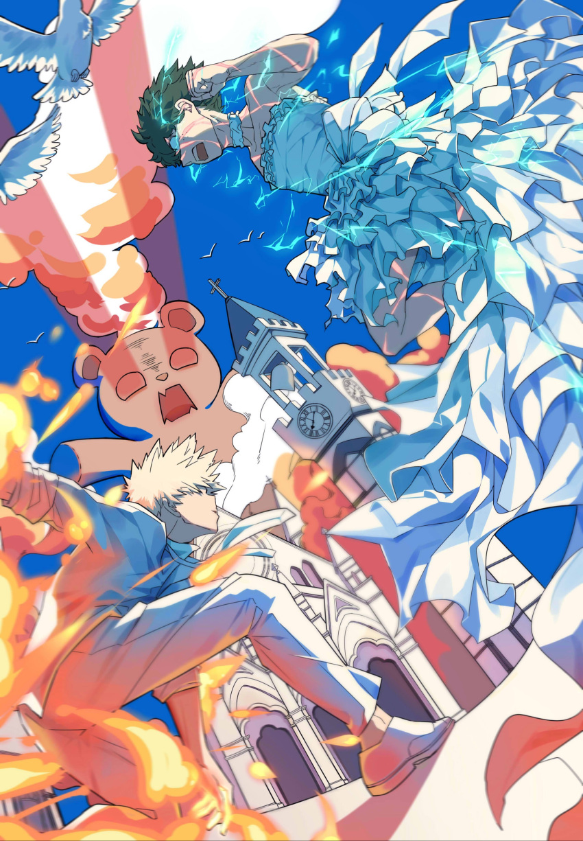 2boys absurdres analog_clock aprilvith bakugou_katsuki bare_arms bare_shoulders battle bell bell_tower bird blank_eyes blonde_hair blue_sky blurry boku_no_hero_academia bow bride chinese_commentary church clenched_hand clock clock_tower clouds collar collarbone colored_smoke cross crossdressing curly_hair day depth_of_field dress dress_bow dress_shoes electricity eye_trail fighting fire floating_hair floating_necktie formal freckles frilled_collar frilled_dress frills from_side full_cowling_(boku_no_hero_academia) giant glowing green_eyes green_hair groom hand_up highres jacket jumping laser layered_dress leaning_forward light_trail looking_at_another male_focus midair midoriya_izuku monster multiple_boys necktie on_one_knee open_mouth outstretched_arm parted_lips pigeon profile pyrokinesis roman_numeral serious shadow short_hair sidelighting sideways_mouth sky sleeves_past_wrists sleeves_rolled_up smoke spiky_hair strapless strapless_dress stuffed_animal stuffed_toy suit teddy_bear teeth torn_clothes torn_dress tower undone_necktie upper_teeth_only wedding wedding_dress white_bird white_bow white_collar white_dress white_footwear white_jacket white_necktie white_suit