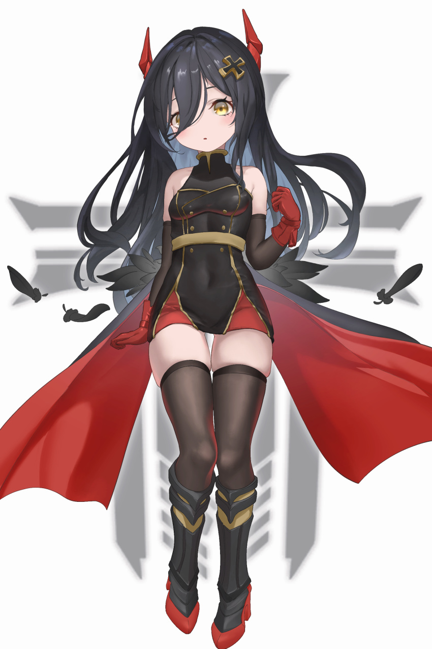 1girl absurdres age_regression aged_down arm_behind_back armored_boots azur_lane bare_shoulders black_dress black_feathers black_hair blush boots breasts clenched_hand covered_navel cross dress feathers friedrich_der_grosse_(azur_lane) full_body gloves hair_over_one_eye hand_up high_heel_boots high_heels highres horns iron_blood_(emblem) iron_cross knee_boots knees_together_feet_apart legs long_hair looking_at_viewer mohairu_(hhooaann) parted_lips red_gloves red_shorts short_shorts shorts skin_tight skindentation sleeveless small_breasts solo thigh-highs thigh_gap thighs very_long_hair yellow_eyes