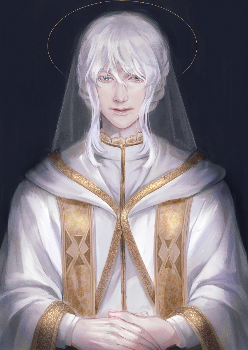 1boy absurdres black_background gold_trim grey_eyes halo highres long_hair long_sleeves looking_at_viewer lotus_(miya1224) male_focus original robe solo stole upper_body veil vestments white_hair white_robe