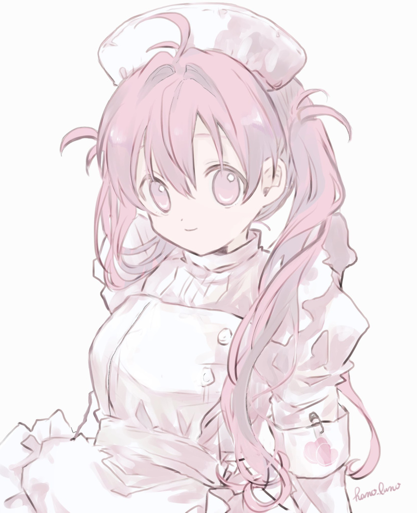 1girl closed_mouth hano_luno hat highres juliet_sleeves long_sleeves looking_at_viewer nurse nurse_cap original pink_eyes pink_hair puffy_sleeves safety_pin shirt smile solo upper_body white_armband white_background white_shirt