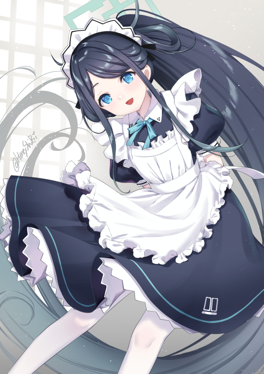 1girl absurdly_long_hair apron aris_(blue_archive) aris_(maid)_(blue_archive) black_hair blue_archive blue_eyes highres long_hair looking_at_viewer maid maid_apron maid_headdress official_alternate_costume open_mouth pantyhose shibi short_sleeves smile solo twitter_username very_long_hair white_pantyhose