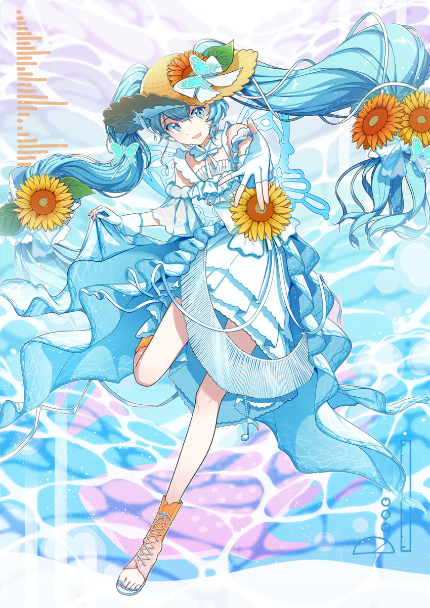 1girl agonasubi aqua_eyes aqua_hair aqua_nails boots butterfly_hair_ornament butterfly_wings caustics commentary dress fingerless_gloves floating_hair flower flower_in_hat foreshortening full_body gloves hair_flower hair_ornament hat hatsune_miku highres holding_own_skirt insect_wings lace-up_boots layered_dress leg_up long_hair looking_at_viewer magical_mirai_(vocaloid) magical_mirai_miku magical_mirai_miku_(2026) nail_polish open-toe_boots open_mouth reaching reaching_towards_viewer ribbon short_sleeves smile solo standing standing_on_one_leg straw_hat sun_hat sunflower sunflower_hair_ornament toenail_polish toenails twintails very_long_hair vocaloid water white_dress white_gloves white_ribbon wings