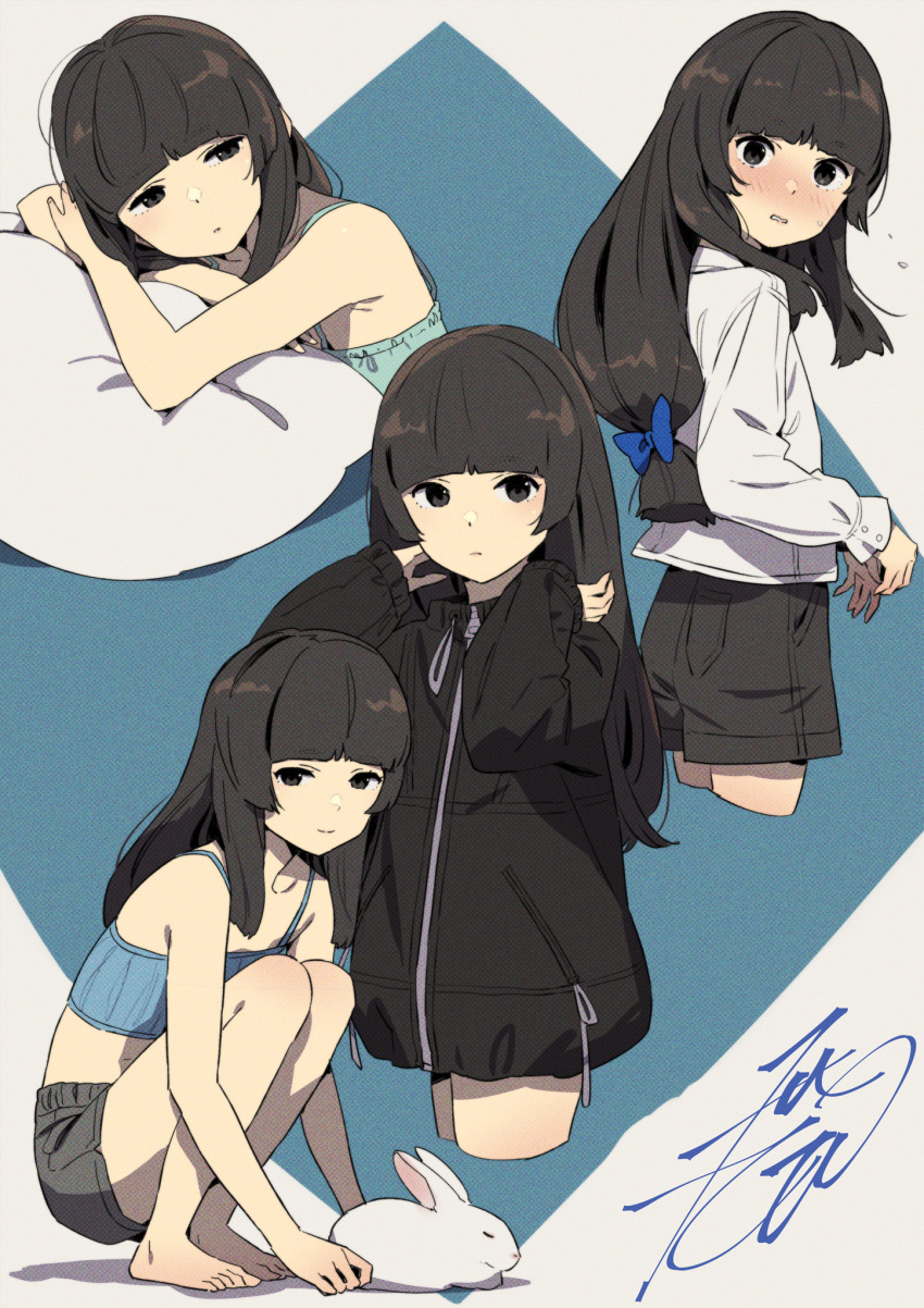 1girl barefoot black_hair black_jacket black_shorts blue_bow blue_camisole blunt_bangs blush bow camisole commentary_request crossed_arms drawstring from_side green_eyes hair_bow half-closed_eyes head_on_pillow highres hime_cut hood hood_down hooded_jacket jacket kobayashi_gen long_sleeves looking_at_viewer multiple_views origami_koori rabbit school_girl_strikers shirt shorts signature smile squatting toes white_shirt