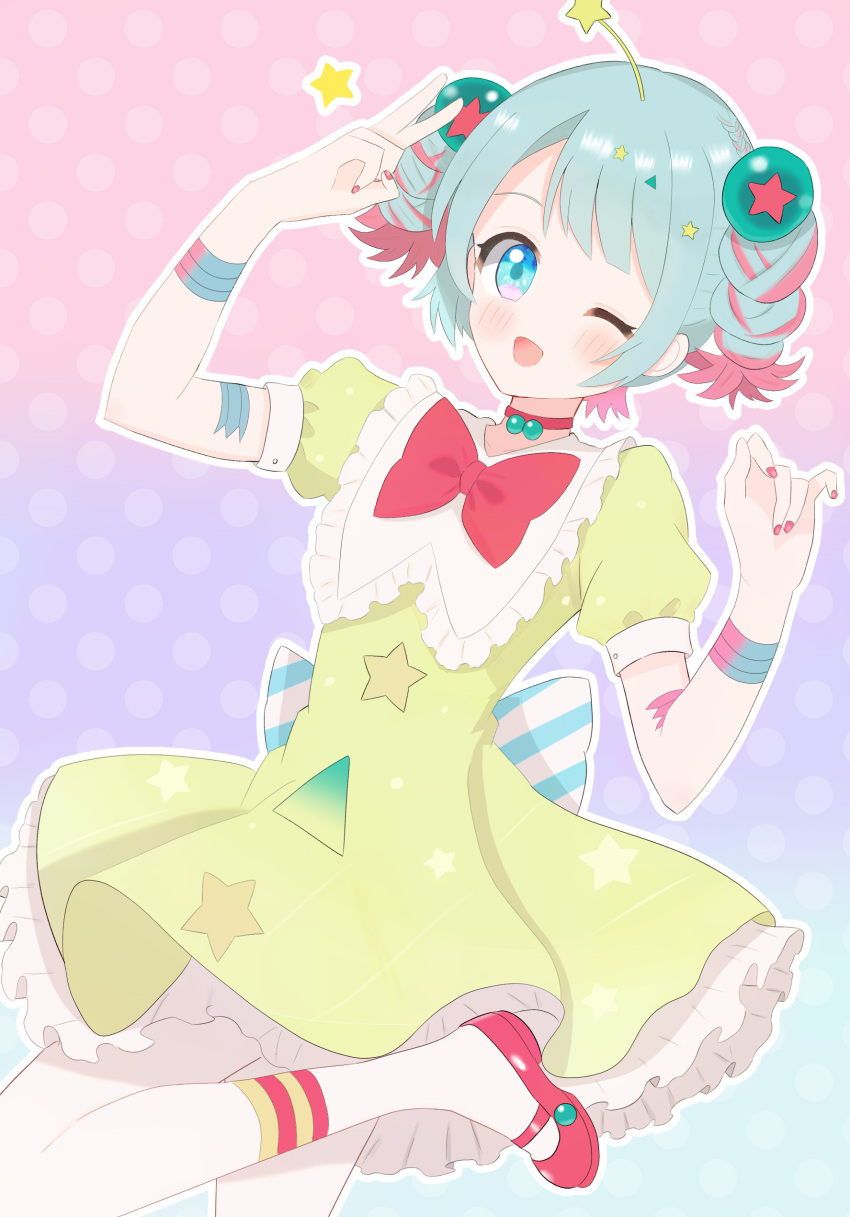 1girl absurdres aqua_eyes commentary commentary_request dotted_background dreamy_chelsea frilled_skirt frills hair_ornament highres looking_at_viewer magical_girl mahou_shoujo_ikusei_keikaku mahou_shoujo_ikusei_keikaku_breakdown multicolored_hair one_eye_closed open_mouth shoes short_hair skirt socks star_(symbol) star_print teepa untranslatable_commentary v