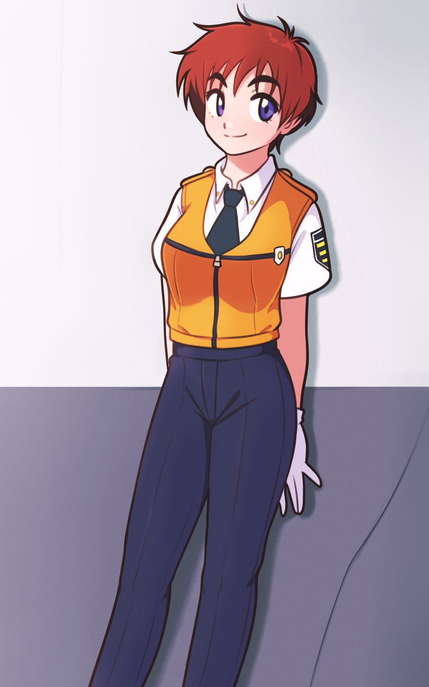 1girl absurdres against_wall arms_behind_back collared_shirt gloves highres izumi_noa jeff_miga kidou_keisatsu_patlabor leaning_back looking_to_the_side necktie orange_hair pants police police_uniform shirt short_hair short_sleeves shoulder_patches smile solo uniform vest vest_over_shirt violet_eyes white_shirt yellow_vest