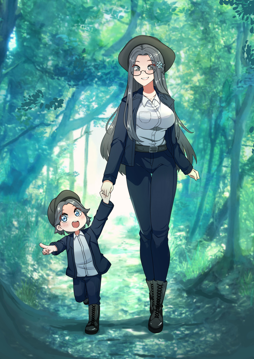 1boy 1girl absurdres azur_lane belt black_footwear black_jacket black_pants blue_eyes boots breasts canned_sardines collared_shirt forest glasses grey_eyes grey_hair hair_ornament highres holding_hands jacket large_breasts long_hair long_sleeves mother_and_son nature pants pointing shangri-la_(azur_lane) shirt snowflake_hair_ornament white_shirt