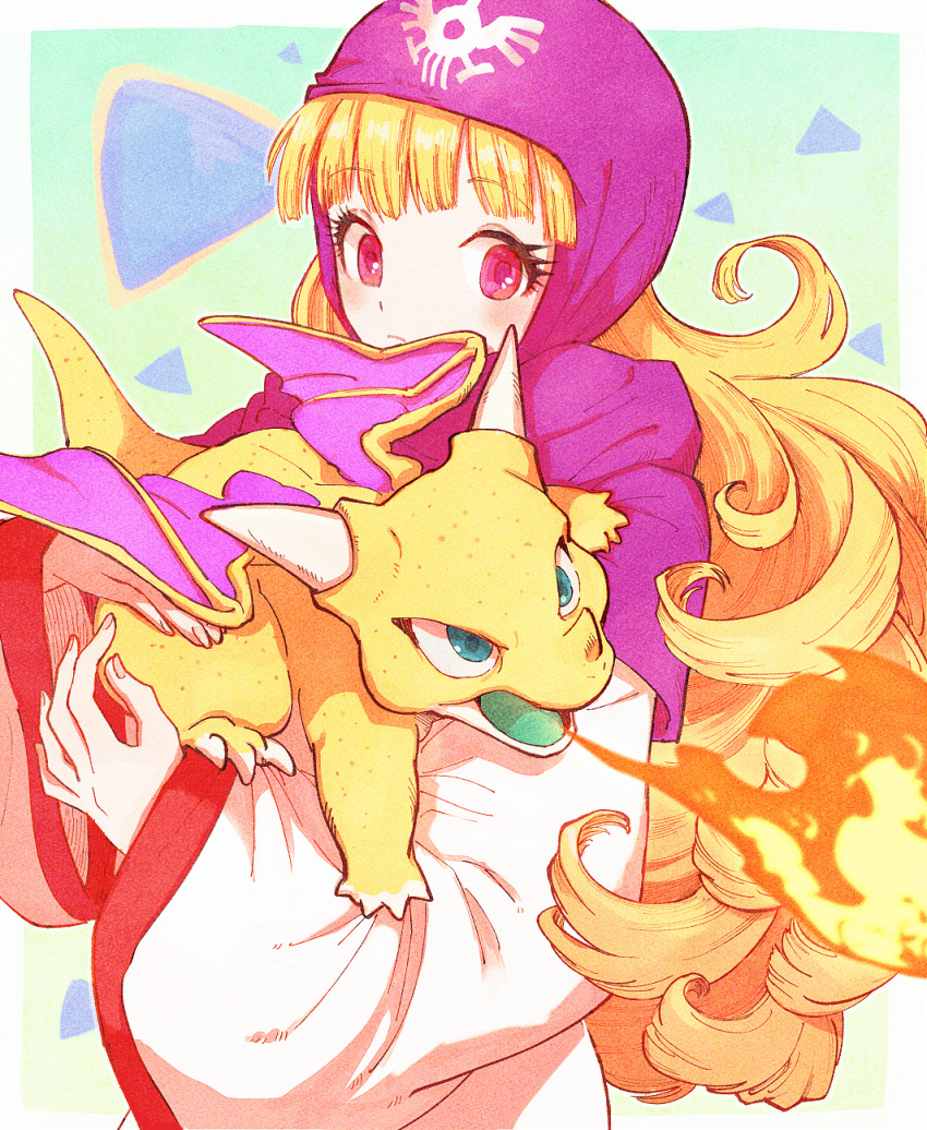 1girl blonde_hair blunt_bangs carrying closed_mouth curly_hair dragon dragon_horns dragon_kid_(dragon_quest) dragon_quest dragon_quest_ii dragon_tail dragon_wings eyelashes fire green_eyes highres hood horns light_blush long_hair long_sleeves monster pink_headwear princess_of_moonbrook red_eyes robe scales tail upper_body white_robe wide_sleeves wings yuza